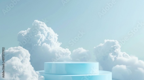 Ethereal blue podium floating amidst fluffy white clouds in a serene sky, creating a dreamy and surreal product display platform for celestial marketing.