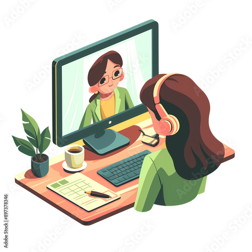 a 2d cartoon clipart drawing of an online meeting on an isolated transparent background
