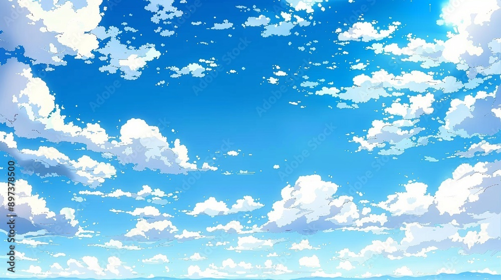 Obraz premium White clouds in the blue sky, summer background. The scene depicts white clouds in a blue sky with a summer backdrop. --ar 25:14 --c 32