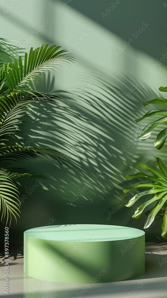 Tropical paradise podium: Lush palm leaves cast intricate shadows on mint green wall, with a circular platform for product display, evoking a serene oasis. Tropical paradise podium: Lush palm leaves cast intricate shadows on mint green wall, with a circular platform for product display, evoking a serene oasis.