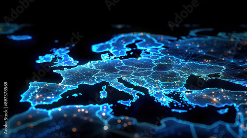 A brightly illuminated digital map of Europe, highlighting countries, cities, and connections in a futuristic style.