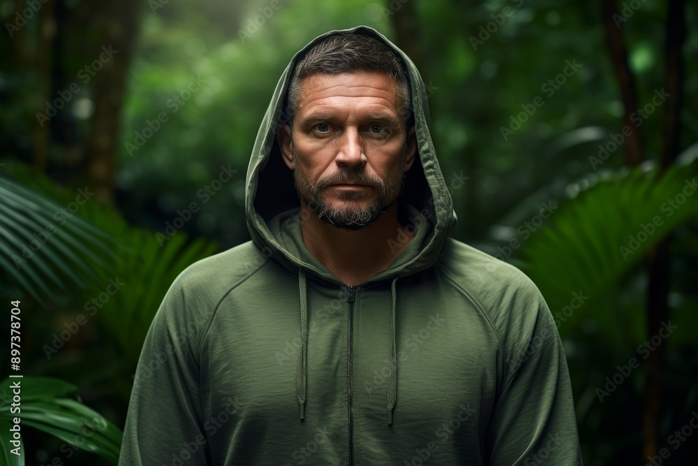 Portrait of a content man in his 40s sporting a comfortable hoodie over lush tropical rainforest Portrait of a content man in his 40s sporting a comfortable hoodie over lush tropical rainforest