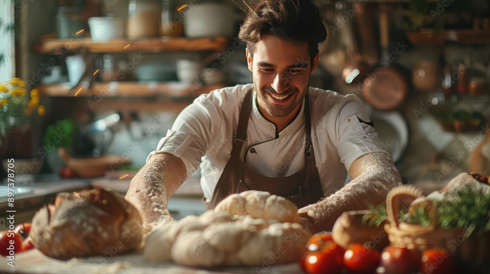 Realistic view of a baker kneading dough in a cozy kitchen high-definition detail Realistic view of a baker kneading dough in a cozy kitchen high-definition detail