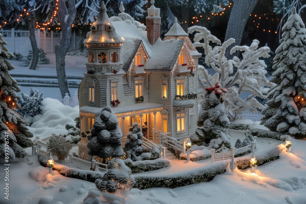 Obraz premium Miniature victorian house model is covered in snow and decorated with christmas lights