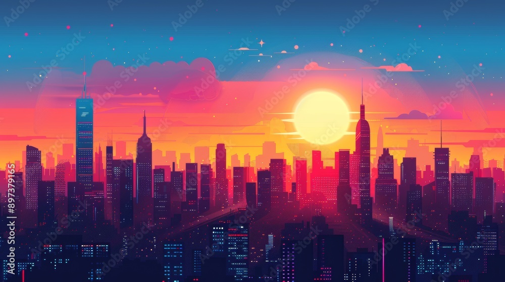 Fototapeta premium Illustration of a vibrant city skyline at sunset, showcasing colorful skyscrapers and a glowing sun, creating a stunning urban scene.