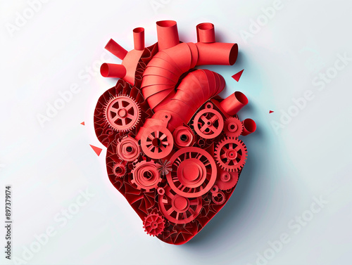 Heart medical paper cut illustration. Health day concept. Human organ engine, mechanical motor origami design with gear wheels.