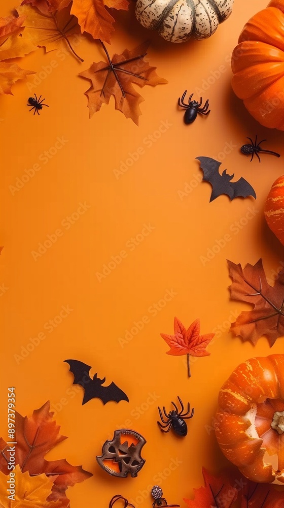 Festive autumn composition with pumpkins, colorful leaves, and Halloween decorations on vibrant orange background, creating a spooky yet cozy atmosphere.