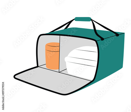 Hand drawn opened delivery bag with food containers, courier thermal hand bag. Isolated vector illustration in flat style