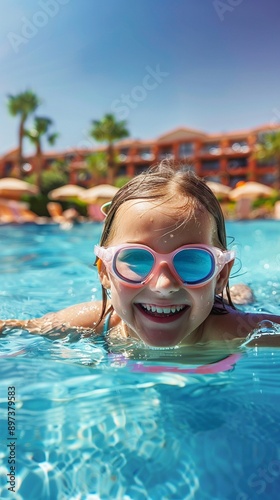 Joyful child with bright goggles enjoys a sunny day in a resort pool, surrounded by palm trees and colorful buildings, embodying summer vacation bliss. © Maria Mikhaylichenko