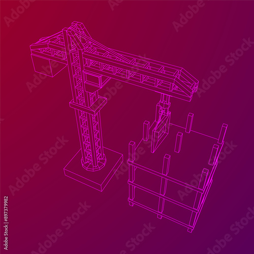 Construction crane tower. Building under construction industrial concept. Wireframe low poly mesh vector illustration.