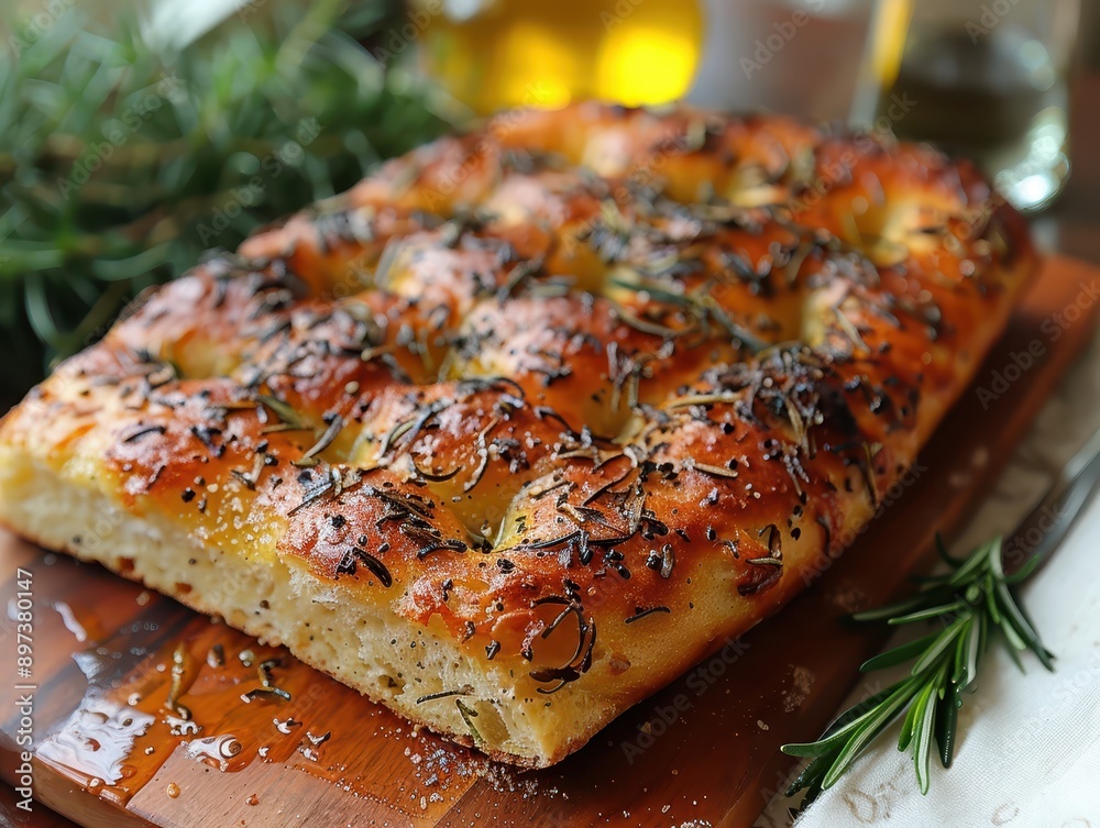 Rustic Focaccia Bread with Fresh Rosemary and Olive Oil on Wooden Board Rustic Focaccia Bread with Fresh Rosemary and Olive Oil on Wooden Board