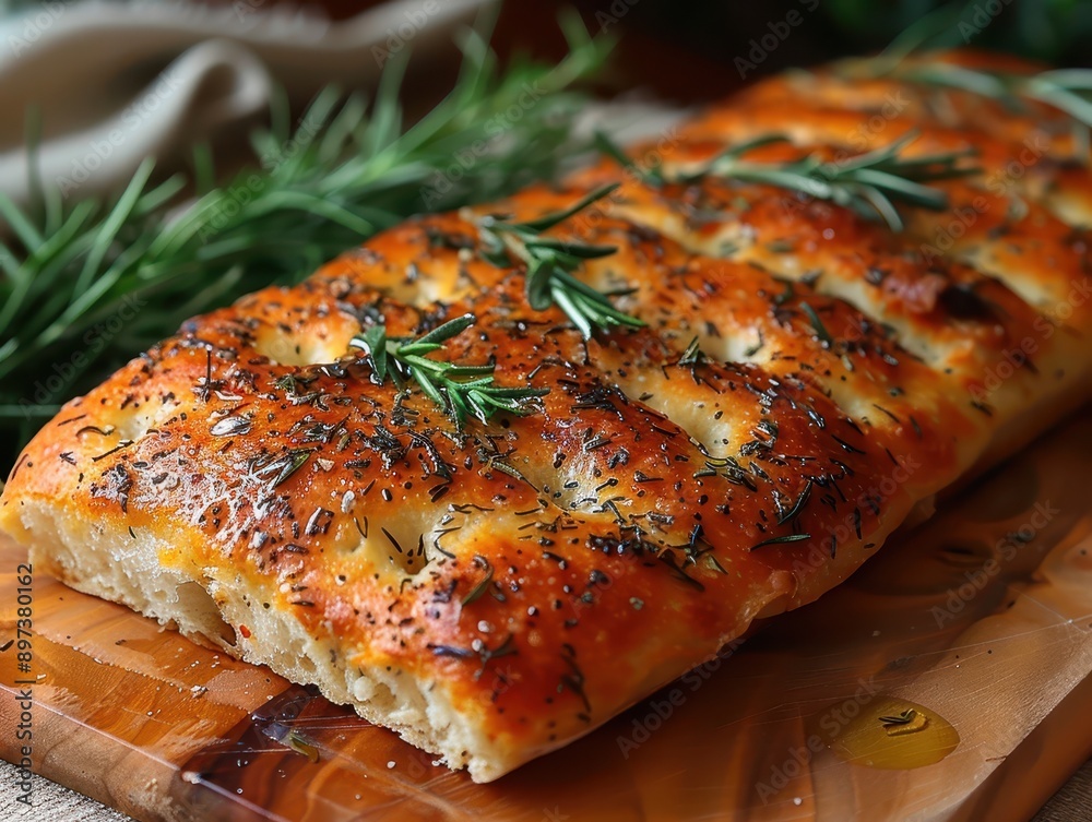 Savory Focaccia Bread with Fresh Rosemary and Olive Oil on Wooden Board Savory Focaccia Bread with Fresh Rosemary and Olive Oil on Wooden Board