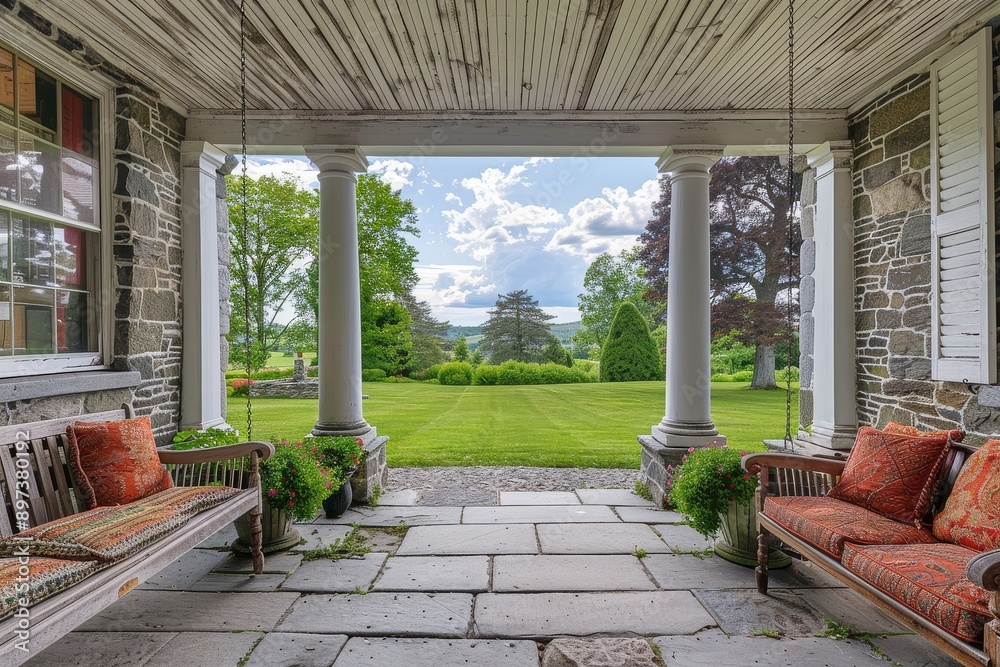 Symmetrical stone front porch with elegant swing, overlooking green lawn and garden in New England's picturesque countryside, captured in ArchDaily style architecture photography. Symmetrical stone front porch with elegant swing, overlooking green lawn and garden in New England's picturesque countryside, captured in ArchDaily style architecture photography.