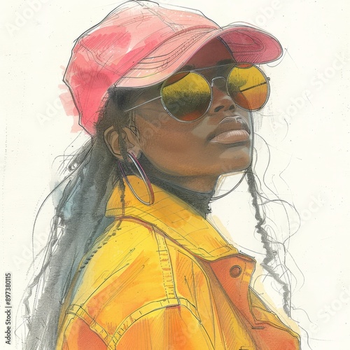 Modern Abstract Portrait of Woman with Red Lips and Sunglasses