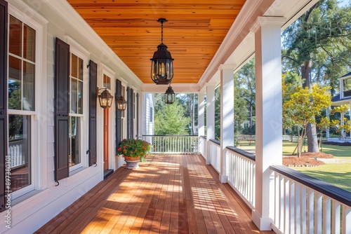 Symmetrical stone front porch with elegant swing, overlooking green lawn and garden in New England's picturesque countryside, captured in ArchDaily style architecture photography. photo