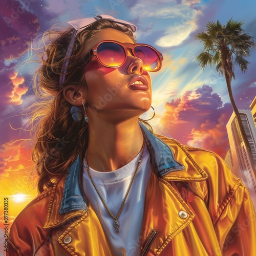 Modern Abstract Portrait of Woman with Red Lips and Sunglasses