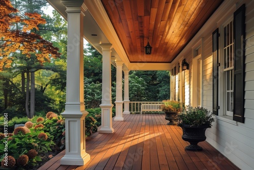 Symmetrical stone front porch with elegant swing, overlooking green lawn and garden in New England's picturesque countryside, captured in ArchDaily style architecture photography. photo