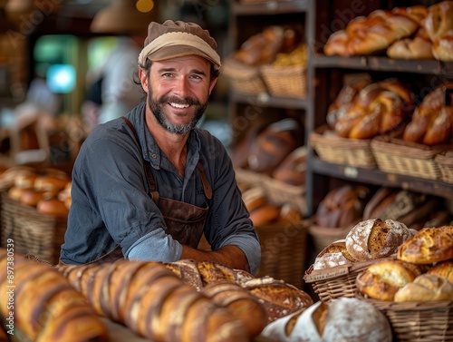 Proud Baker Presenting Freshly Baked Sourdough in Rustic Bakery Setting