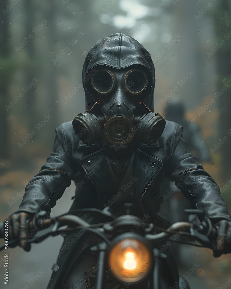 Man on a bicycle wears a gas mask in a smoke-filled city. It conveys health and environmental concerns in society that has problems with air pollution where toxic released from industrial activities. Man on a bicycle wears a gas mask in a smoke-filled city. It conveys health and environmental concerns in society that has problems with air pollution where toxic released from industrial activities.