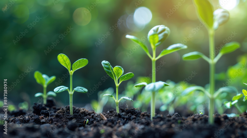 Young green plants sprouting from soil with bright sunlight in the background, symbolizing growth, new beginnings, and environmental sustainability. Young green plants sprouting from soil with bright sunlight in the background, symbolizing growth, new beginnings, and environmental sustainability.