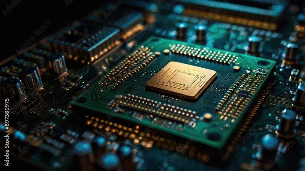 Dark Background, Bright Future: Close-Up of a Quantum Chip, Quantum Revolution, Computer, Circuit, Technology, Board, Chip, Electronics Dark Background, Bright Future: Close-Up of a Quantum Chip, Quantum Revolution, Computer, Circuit, Technology, Board, Chip, Electronics
