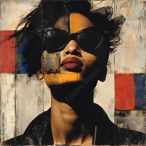 Modern Abstract Portrait of Woman with Red Lips and Sunglasses