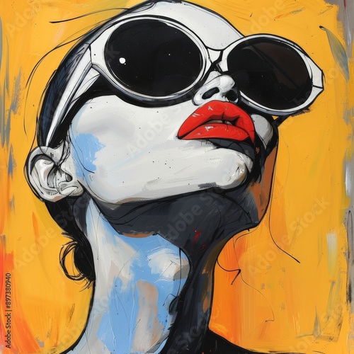 Modern Abstract Portrait of Woman with Red Lips and Sunglasses