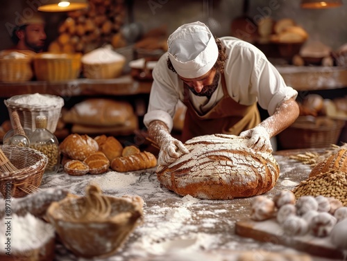 Master Baker Crafting Artisan Bread with Precision Surrounded by Baking Tools and Ingredients