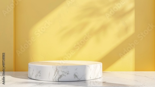 yellow pastel background, white marble showcase platform, professional photo, flat lighting