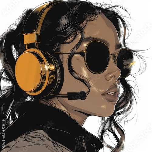 Stylish Woman with Headphones and Sunglasses Illustration