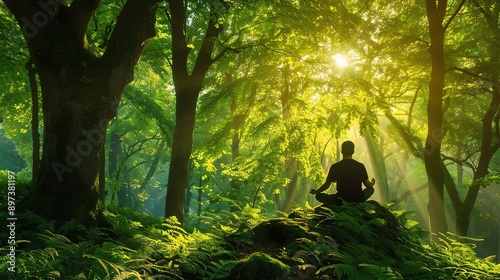 Man practicing mindfulness in a serene forest, selfdevelopment, mental clarity and emotional balance