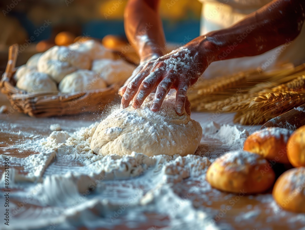 Baker's Hands Kneading Dough with Loaf of Bread in Background Baker's Hands Kneading Dough with Loaf of Bread in Background