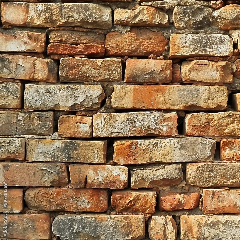 Close-up of an old, weathered brick wall with varying shades and shapes of red bricks in layers creating depth. Rough texture shows natural variations. Close-up of an old, weathered brick wall with varying shades and shapes of red bricks in layers creating depth. Rough texture shows natural variations.