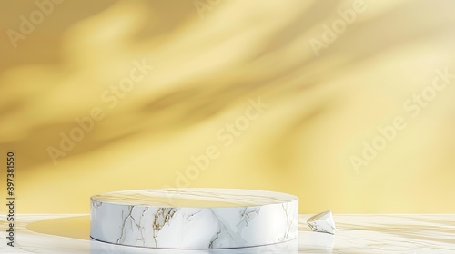 yellow pastel background, white marble showcase platform, professional photo, flat lighting
