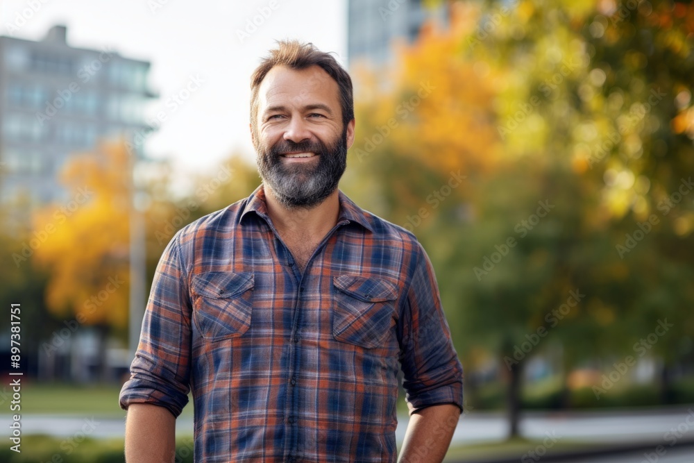 Portrait of a satisfied man in his 40s dressed in a relaxed flannel shirt on vibrant city park