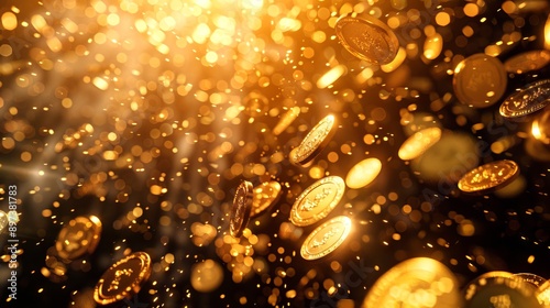 Golden coins falling in a shower of sparks. Concept of wealth, finance, prosperity, golden opportunity. Background