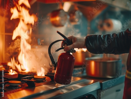 Kitchen Fire Emergency: A Hand Reaches for a Fire Extinguisher