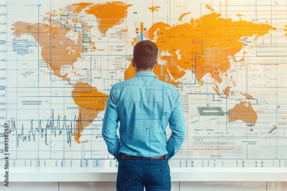 Businessman looking at world map with financial data analyzing global trends Businessman looking at world map with financial data analyzing global trends