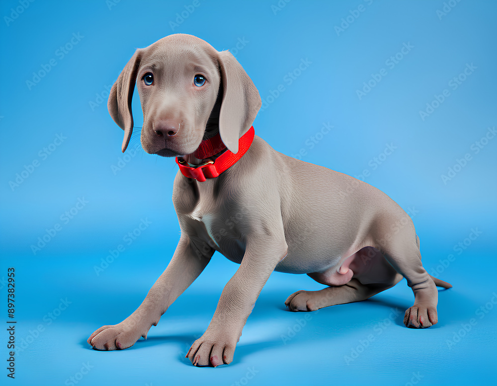 A small dog of the Weimaraner breed A small dog of the Weimaraner breed