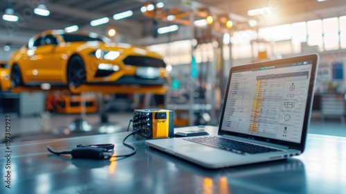 Computer showing diagnostic software analyzing yellow sports car on lift in a modern repair shop