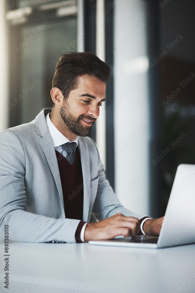 Business man, smile and laptop in workplace for productivity, research and achievement of project goals. Corporate employee, happy and tech in office for positive email, investment and revenue report Business man, smile and laptop in workplace for productivity, research and achievement of project goals. Corporate employee, happy and tech in office for positive email, investment and revenue report