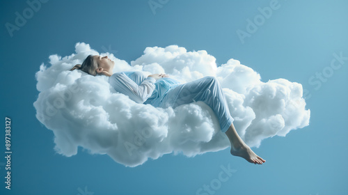 person in the clouds，A person is sleeping on a cloud floating in the air