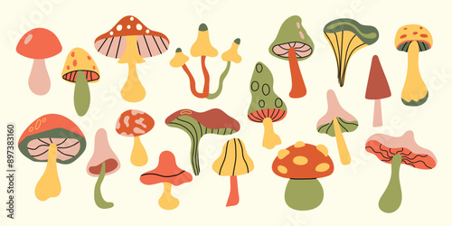 Mushrooms set. Whimsical cute mushrooms. Autumn set of hand drawn cute design elements. Fall, Thanksgiving Day, Autumn season.