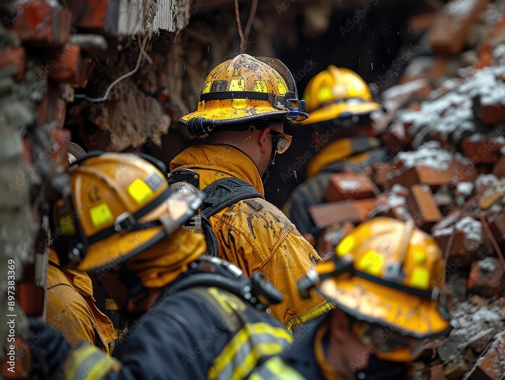 Fototapeta premium Emergency Response Team of Firefighters and Paramedics Rescuing Patient from Collapsed Building