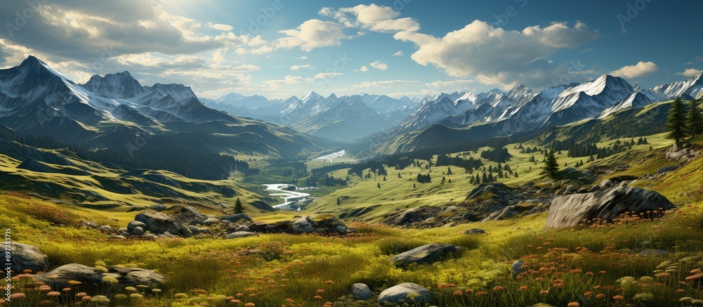 Fototapeta premium mountain meadow with morning light atmosphere. rural landscape with valley