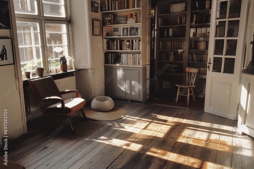 Fototapeta premium Cozy library nook with sunlight streaming through large windows, creating a warm and inviting reading space with bookshelves and comfortable seating.