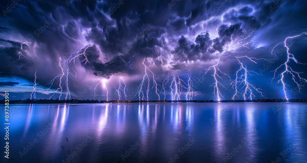 Dramatic Thunderstorm over Lake with Multiple Lightning Strikes. Concepts of nature's power, meteorology, electricity in nature. Background Dramatic Thunderstorm over Lake with Multiple Lightning Strikes. Concepts of nature's power, meteorology, electricity in nature. Background
