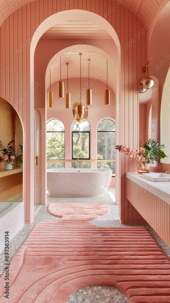 A bright and modern bathroom features a freestanding bathtub, wooden cabinets, and a large window with a view of a mountain landscape A bright and modern bathroom features a freestanding bathtub, wooden cabinets, and a large window with a view of a mountain landscape