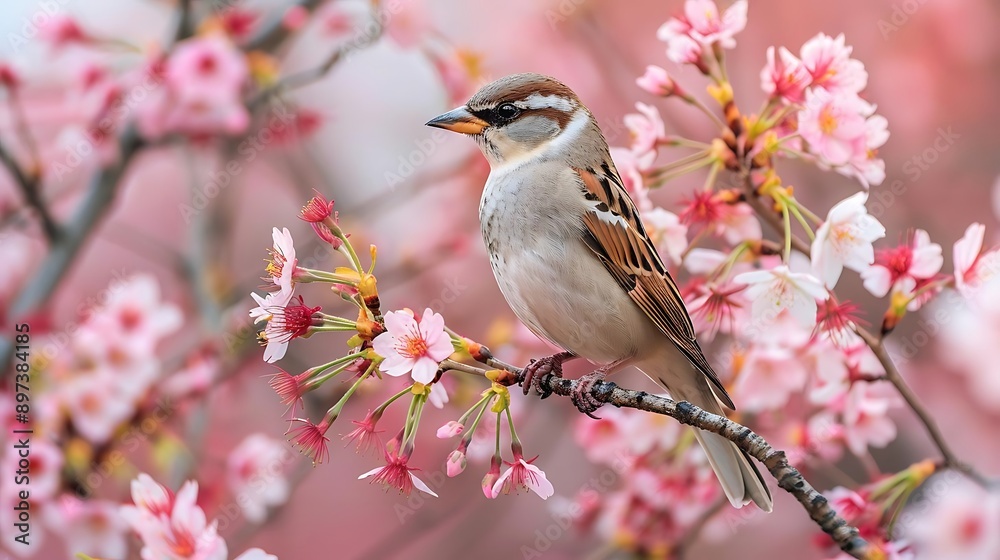 A beautiful bird perched on blooming cherry blossoms, showcasing the vibrant colors of spring in a serene nature scene. A beautiful bird perched on blooming cherry blossoms, showcasing the vibrant colors of spring in a serene nature scene.