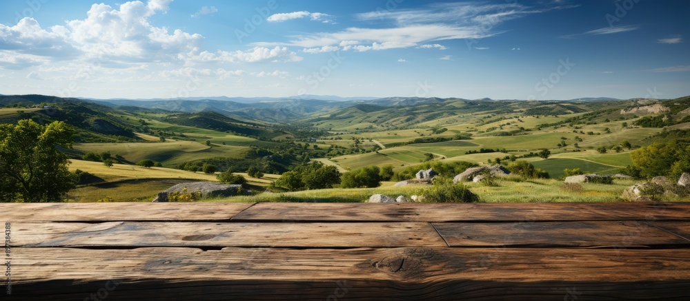 old wooden table with green meadow and blue sky, cows, bright background old wooden table with green meadow and blue sky, cows, bright background
